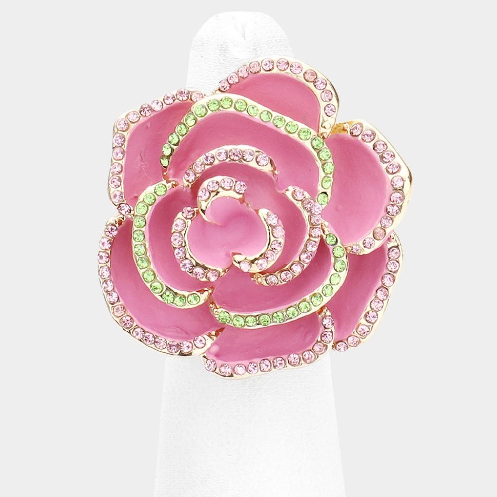 Rhinestone Embellished Enamel Rose Flower Stretch Ring